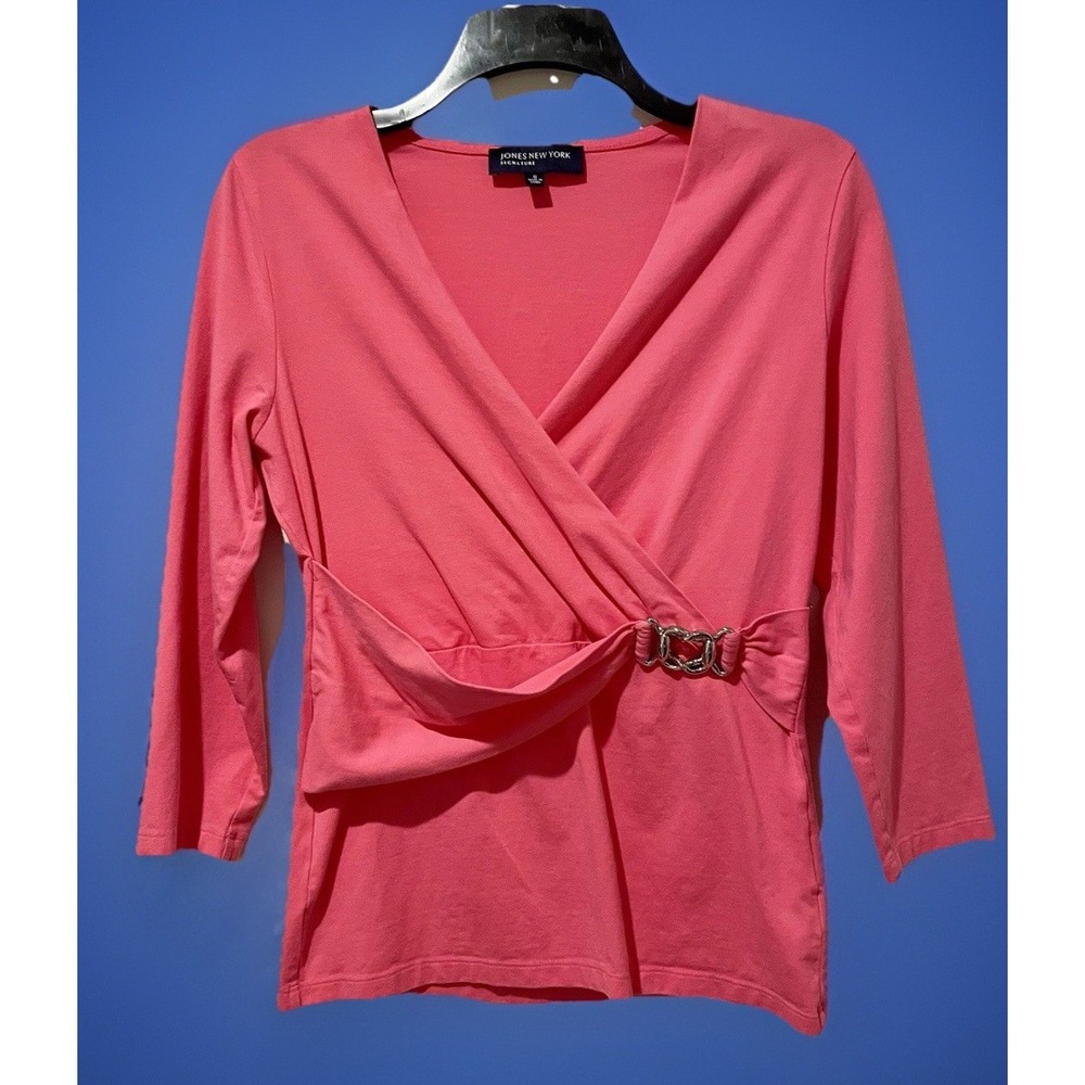 Jones New York women's V Neck Faux Wrap 3/4 Sleeve Top Blouse Sz Small Buckle S